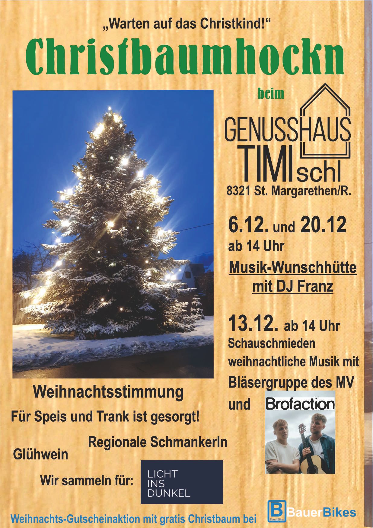 Werbeposter für Weihnachtsveranstaltungen im Genusshaus Timischl, zeigt einen verschneiten Weihnachtsbaum, mit Informationen zu Musik, Terminen und Künstlern.