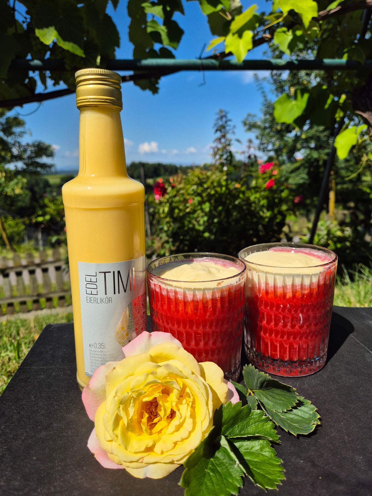 A bottle of Edel Tim liqueur next to two glasses of a red and white drink, with a yellow rose and strawberry leaves on a black table in a garden.