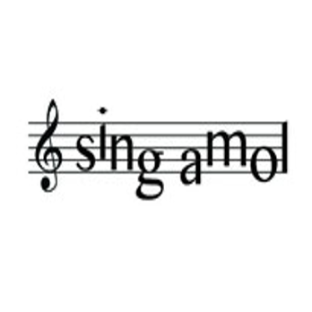 Eine Musiknotation zeigt das Wort 'sing' mit einer Violinschlüssel auf der linken Seite und 'amo' auf der rechten Seite.