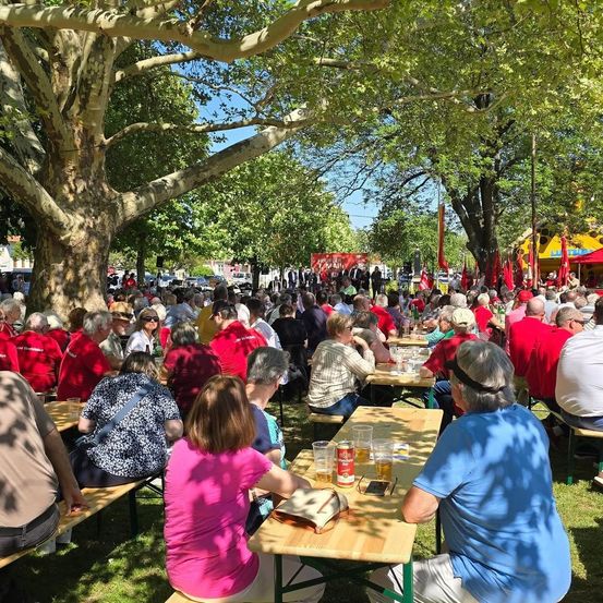 Viele Menschen versammeln sich in einem Park unter Bäumen, einige sitzen an Tischen mit Getränken und Essen. In der Ferne ist eine Bühne aufgebaut mit Bannern und Fahnen.