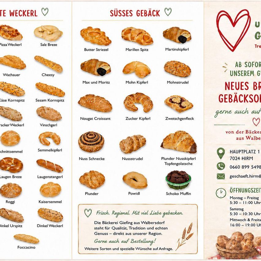 Ein Menü, das eine Vielzahl von Gebäck und Brotsorten wie 'Pizza Weckerl', 'Salz Breze', 'Butter Stritzel' und 'Zucker Kipferl' präsentiert. Das Menü ist in zwei Bereiche unterteilt, 'Süsses Gebäck' und 'Treue Weckerl'. Zusätzliche Informationen umfassen Kontaktdaten und Öffnungszeiten.