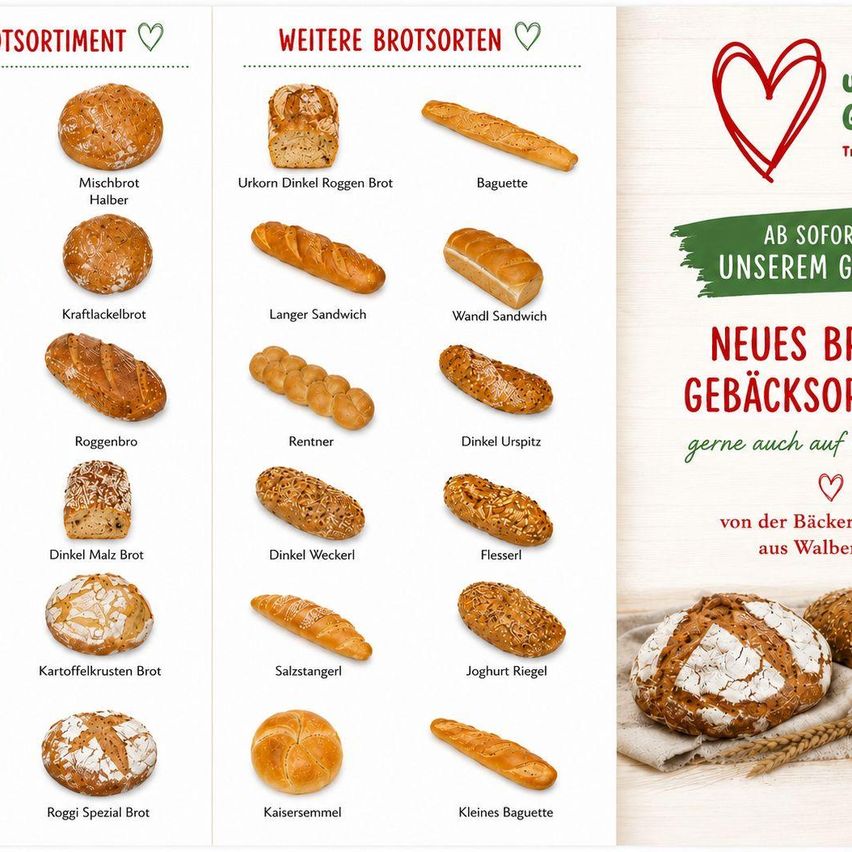 Ein Menü verschiedener Brotsorten in einer Rasteransicht mit deutschem Text. Die linke Seite listet 'Mischbrot Halber' und 'Kraflackelbrot', während die rechte Seite 'Urkorn Dinkel Roggen Brot' und 'Baguette' aufführt. Die untere Reihe umfasst 'Roggi Spezial Brot' und 'Kaisersemmel'.
