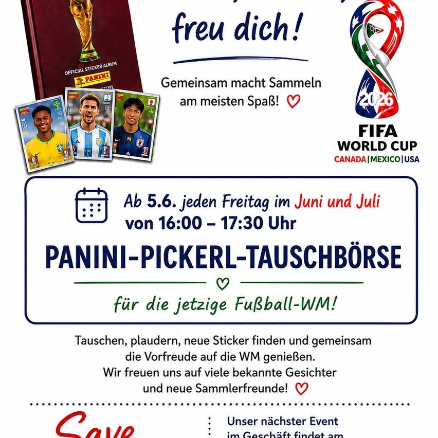 Poster for Panini sticker swap event for World Cup 2026. Dates, times, and location are listed. Event features players from different countries.