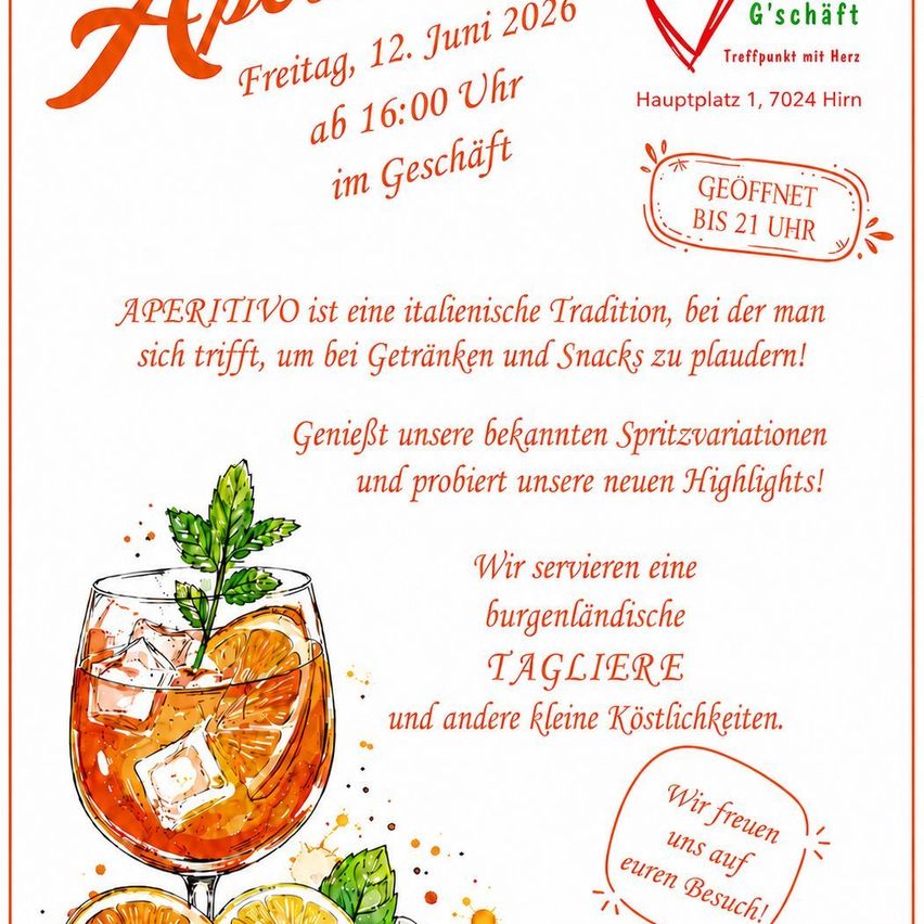 Join us for an Italian tradition on Friday, June 12, 2026 at 4 PM at G'schaft. Enjoy drinks, snacks, Spritz variations, and new highlights. We serve regional wines and small dishes.