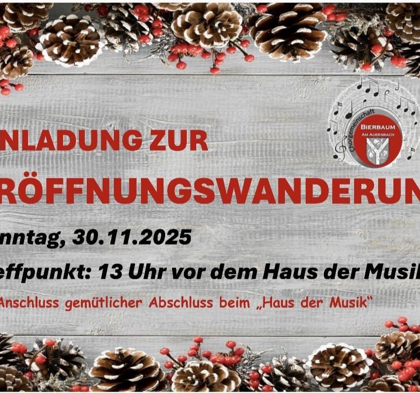 Poster with pine cones and red berries, announcing an opening event on November 30, 2025. The meeting point is at 1 PM in front of the House of Music.