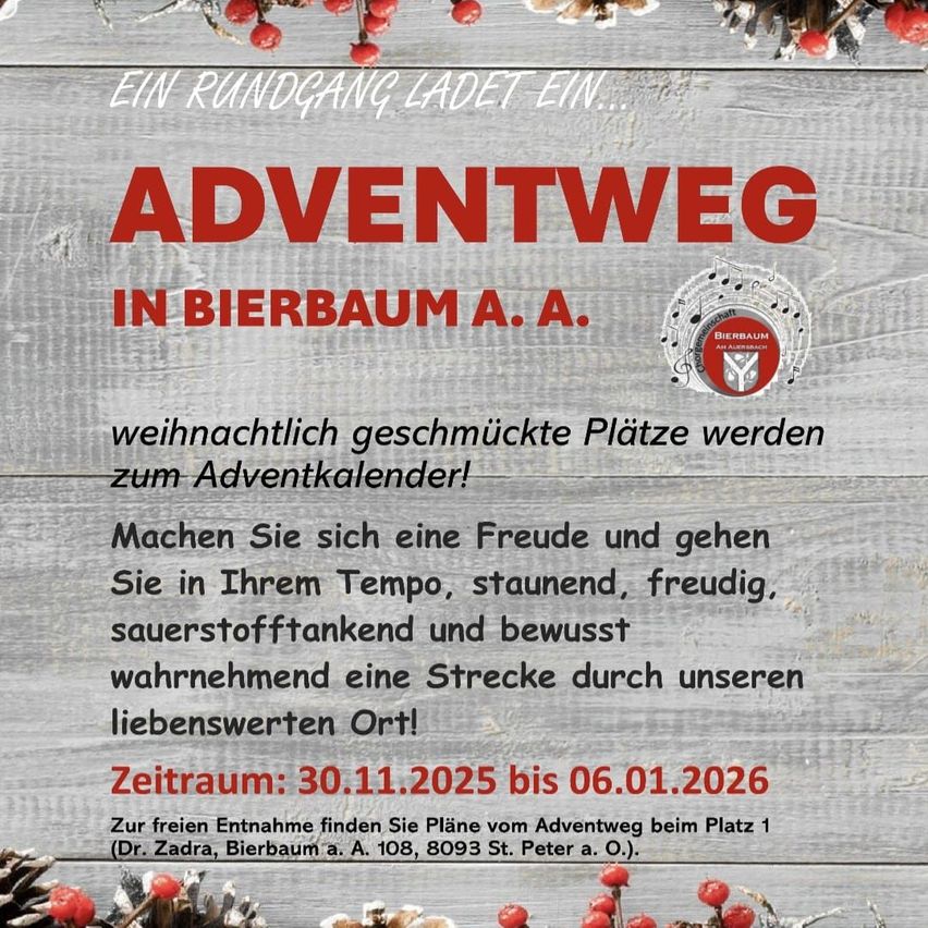 Poster for an Advent path in Bierbaum, Austria, inviting visitors to experience decorated places for an Advent calendar. Dates from November 30, 2025, to January 6, 2026.