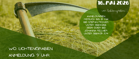 Veranstaltungsplakat für eine lokale Gemeinschaftsveranstaltung in Lichtengraben. Datum ist 16. Mai 2026. Anmeldung bis 10. Mai. Kontaktinformationen angegeben. Veranstaltungsdetails beinhalten Startzeit, Endzeit und Kosten. Ausrüstung wird bereitgestellt.