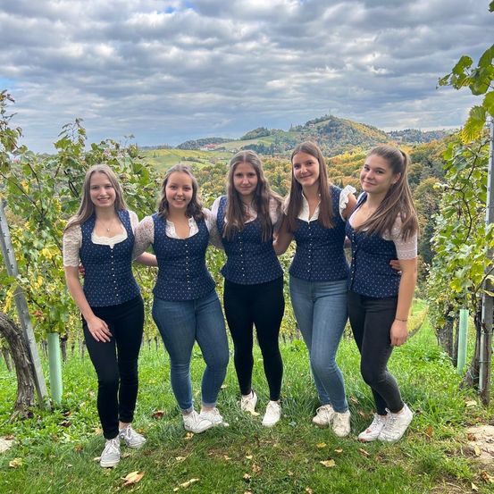 Fünf junge Frauen, alle in passenden blauen Blusen und Jeans gekleidet, stehen in einem Weinberg mit einem malerischen Blick auf Hügel und Berge.