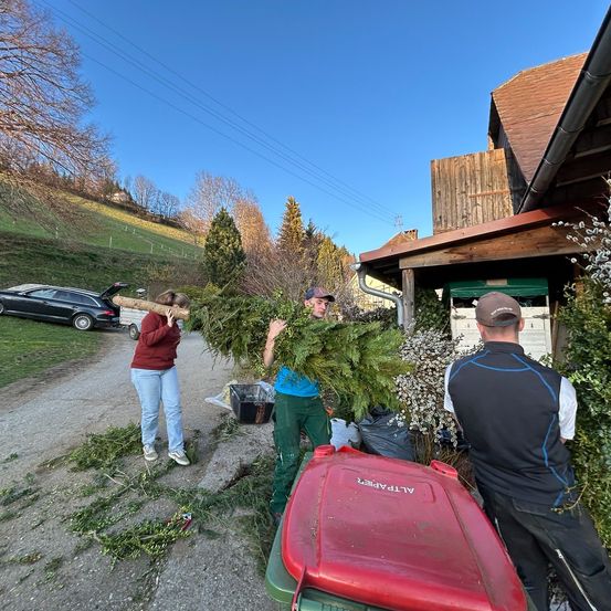 Drei Personen sind auf einem Erdweg und tragen große Bündel von Grün. Ein roter Mülleimer steht neben ihnen. Hinter ihnen ist ein Haus mit Holzwänden zu sehen, und ein Auto ist in der Nähe geparkt.