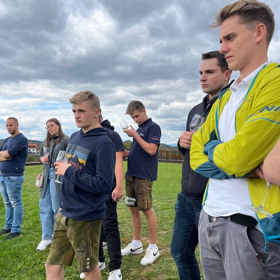 Eine Gruppe von Menschen in Freizeitkleidung steht auf einem Rasen unter bewölktem Himmel, einige halten Weingläser. Sie scheinen in ein Gespräch vertieft zu sein.