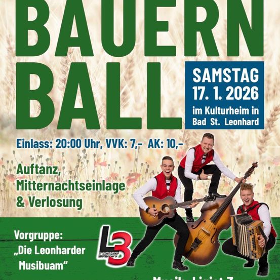 Werbeposter für die Bauern Ball Veranstaltung am 17. Januar 2026. Es zeigt drei Männer, die Musikinstrumente spielen, darunter Gitarre, Akkordeon und Cello. Die Veranstaltung beginnt um 20:00 Uhr.