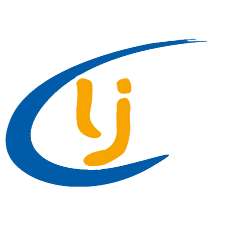 Ein Logo mit blauen geschwungenen Linien und gelben Zeichen auf weißem Hintergrund.