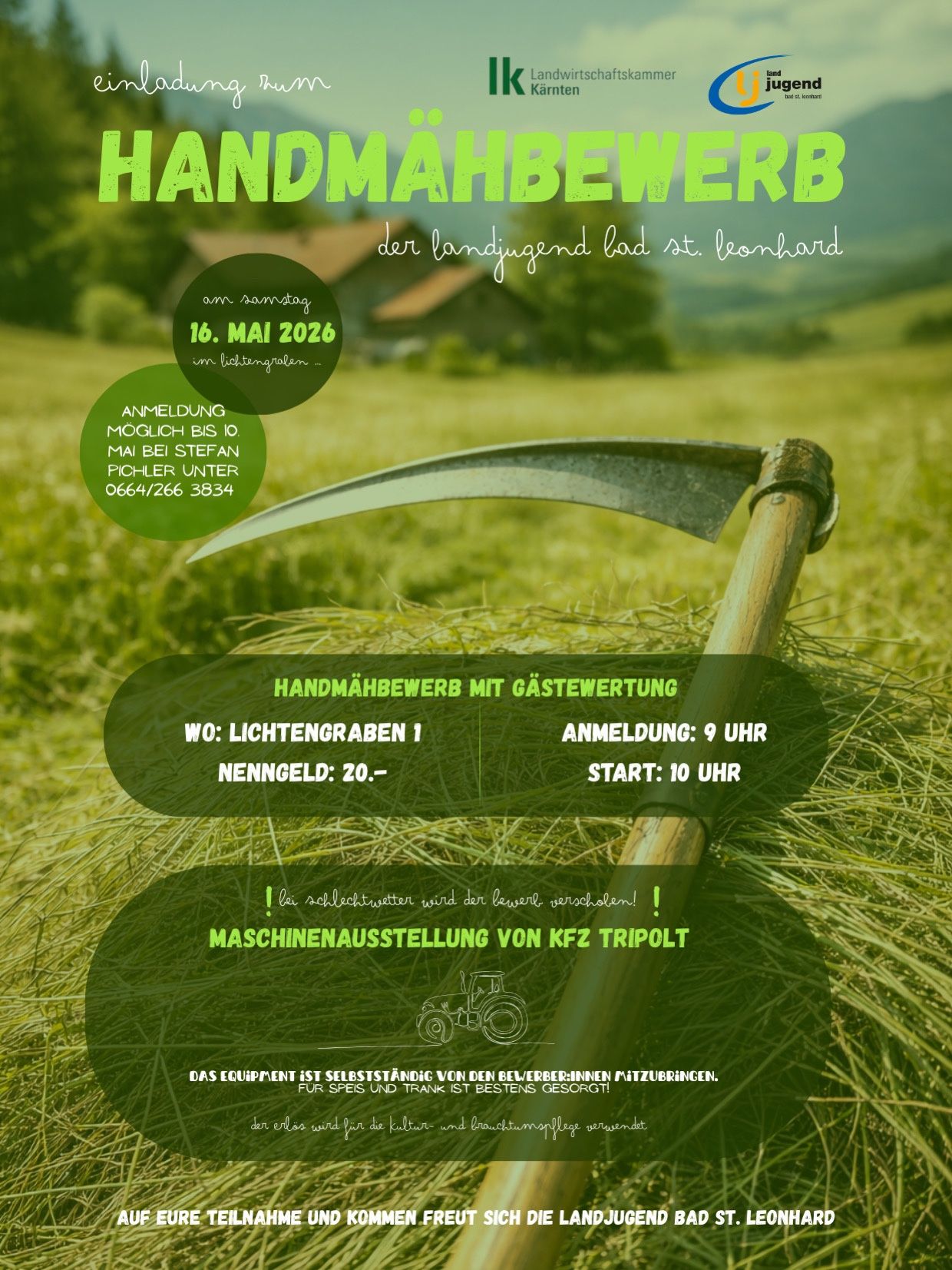 Handwerksveranstaltung in St. Leonhard am 16. Mai 2026. Anmeldung bis 10. Mai bei Stefan Pichler. Beginn um 10 Uhr. Veranstalter: KFZ Tripolt. Ausrüstung selbstversorgt.