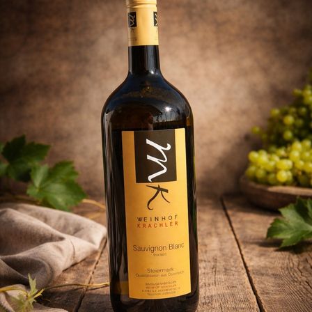 Eine Flasche Sauvignon Blanc Wein von Krachler steht auf einem Holztisch mit grünen Trauben und Blättern in der Nähe.