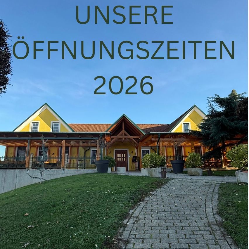 A yellow building with a brick path leads to the entrance. The text above reads 'Unsere Öffnungszeiten 2026'. It is surrounded by plants and trees.