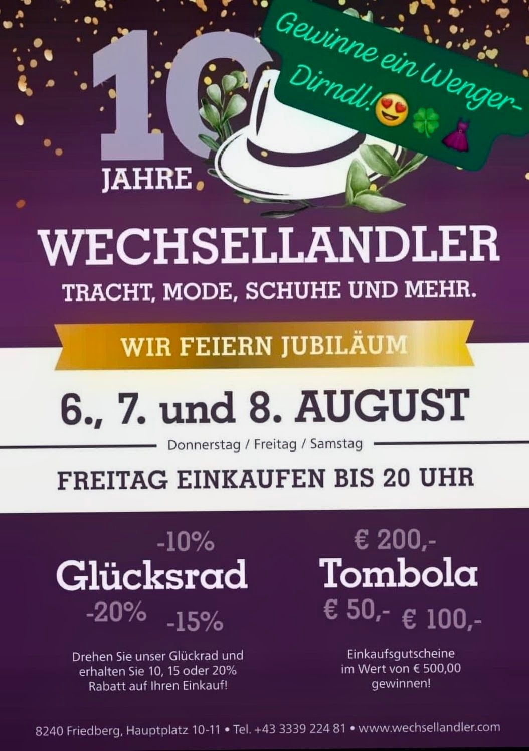 A poster advertising Wechsellandler's 10th anniversary celebration on August 6th, 7th, and 8th. It features a hat, a ribbon, and a lucky clover. Discounts and a raffle are mentioned.