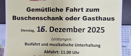 An advertisement for a bus trip to a tavern on December 16, 2025. Includes a meal, departure at 11:00 AM, and musical entertainment. Price is €25 per person. Contact Franz Gsellmann.