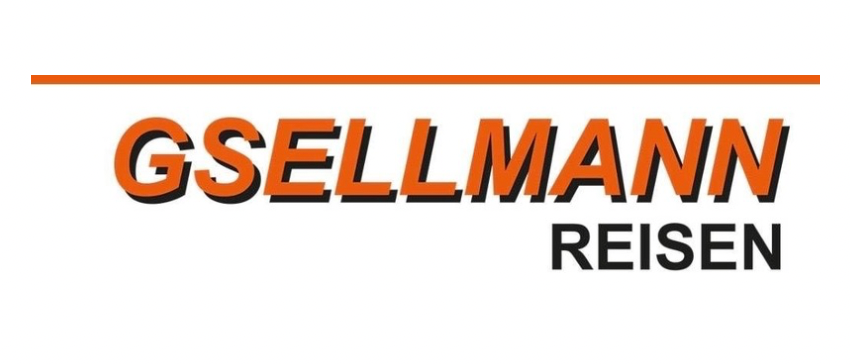 Das Bild zeigt ein Logo mit dem Text 'Gsellmann Reisen' in fetten orangefarbenen Buchstaben auf weißem Hintergrund.