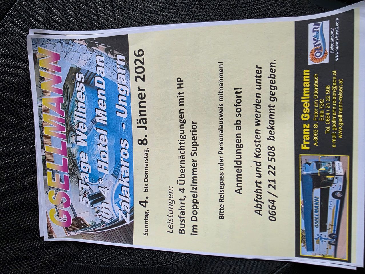 An advertisement for Stage Wellness Zalkaros 8 January 2026 featuring a car and blue background. It includes details like bus, car, and double room superior.