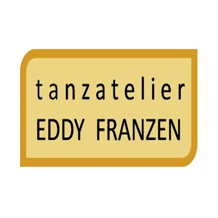Ein goldfarbener, gerahmter quadratischer Aufkleber mit schwarzem Text, der "tanzatelier EDDY FRANZEN" besagt.