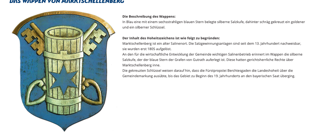 Das Bild zeigt das Wappen von Marktschellenberg, Bayern. Es zeigt einen blauen Schild mit einem sechsstrahligen blauen Stern und einem silbernen Salzkessel, begleitet von einem silbernen Schlüssel. Das Wappen symbolisiert die Bedeutung des Salzabbaus für die Wirtschaft der Region.