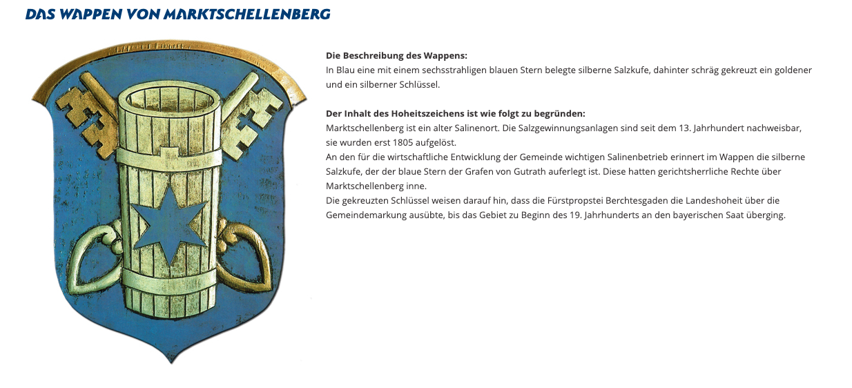Das Bild zeigt das Wappen von Marktschellenberg, Bayern. Es zeigt einen blauen Schild mit einem sechsstrahligen blauen Stern und einem silbernen Salzkessel, begleitet von einem silbernen Schlüssel. Das Wappen symbolisiert die Bedeutung des Salzabbaus für die Wirtschaft der Region.