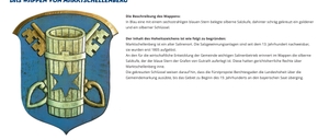 Das Bild zeigt das Wappen von Marktschellenberg, Bayern. Es zeigt einen blauen Schild mit einem sechsstrahligen blauen Stern und einem silbernen Salzkessel, begleitet von einem silbernen Schlüssel. Das Wappen symbolisiert die Bedeutung des Salzabbaus für die Wirtschaft der Region.