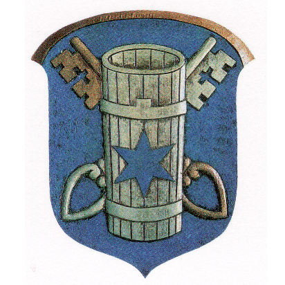 Das Bild zeigt einen blauen Schild mit einem Holzkrug, einem blauen Stern und zwei Schlüsseln darauf. Der Krug hat jeweils einen Henkel auf beiden Seiten.