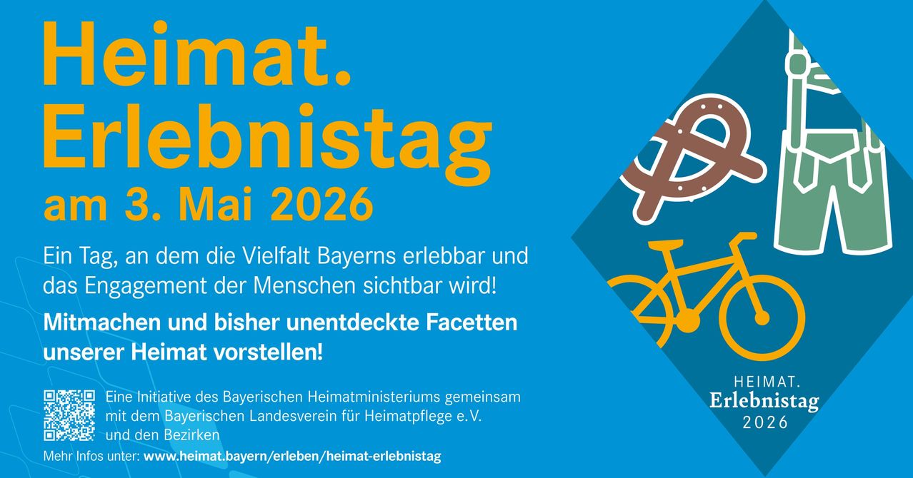 Plakat für Heimatag 2026, mit einem Fahrrad und dem Slogan 'Erleben Sie die Vielfalt Bayerns und die Sichtbarkeit der Menschen!' Gehostet vom Bayerischen Staatsministerium des Innern.
