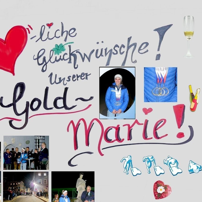 Eine Collage zeigt ein Foto einer Frau in einer blauen Jacke mit Medaillen, 'gold' in kursiver Schrift, ein Herz und ein Glas Wein. Andere Bilder zeigen Menschen, eine Straßenszene und eine Statue.