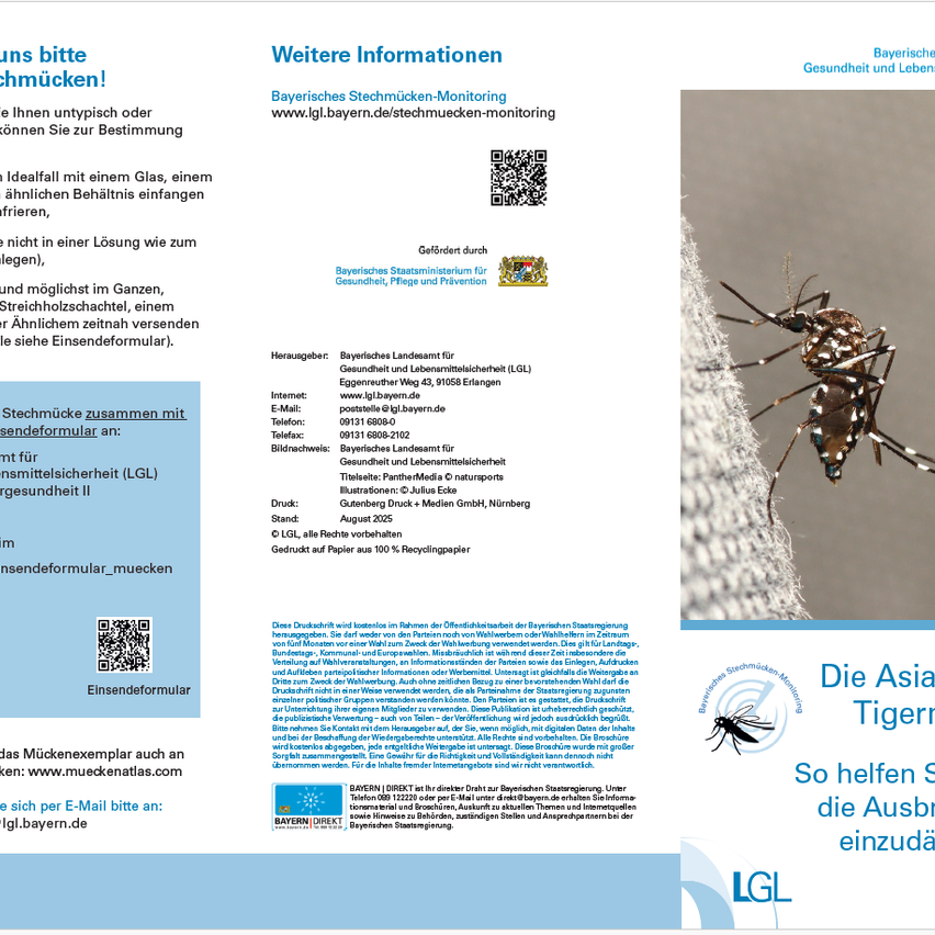Ein Flyer für das Bayerische Mückenüberwachungsprogramm, mit einer Mücke auf weißem Hintergrund, mit Text auf Deutsch und Englisch. Der Flyer enthält Informationen über das Überwachungsprogramm, Kontaktdaten und einen QR-Code für weitere Informationen.