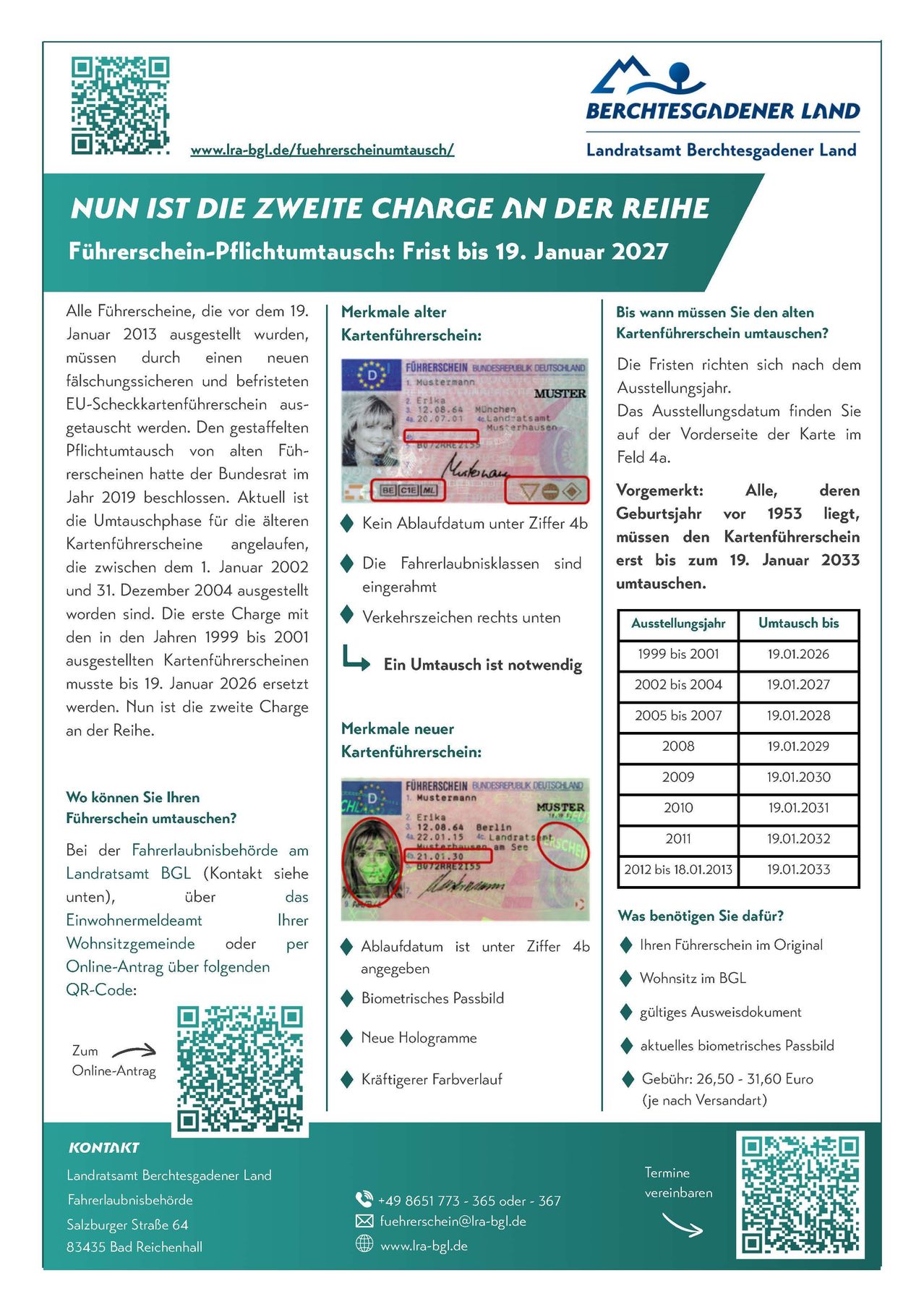 Ein Informationsposter über die zweite Phase des Führerscheinaustauschs in Deutschland, das die Fristen und Anforderungen für den Umtausch älterer Führerscheine gegen neue erläutert. Es enthält eine Tabelle mit Daten und einen QR-Code für die Online-Registrierung.