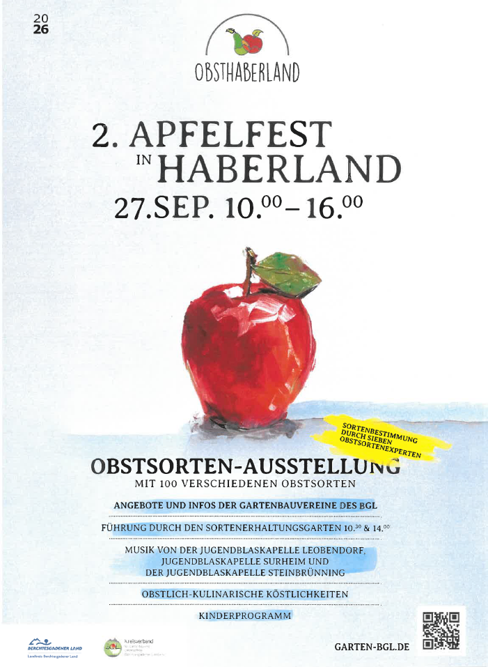 Ein Plakat für das 2. Apfelfest in Haberland am 27. September mit einer Apfelillustration und Informationen zum Event.