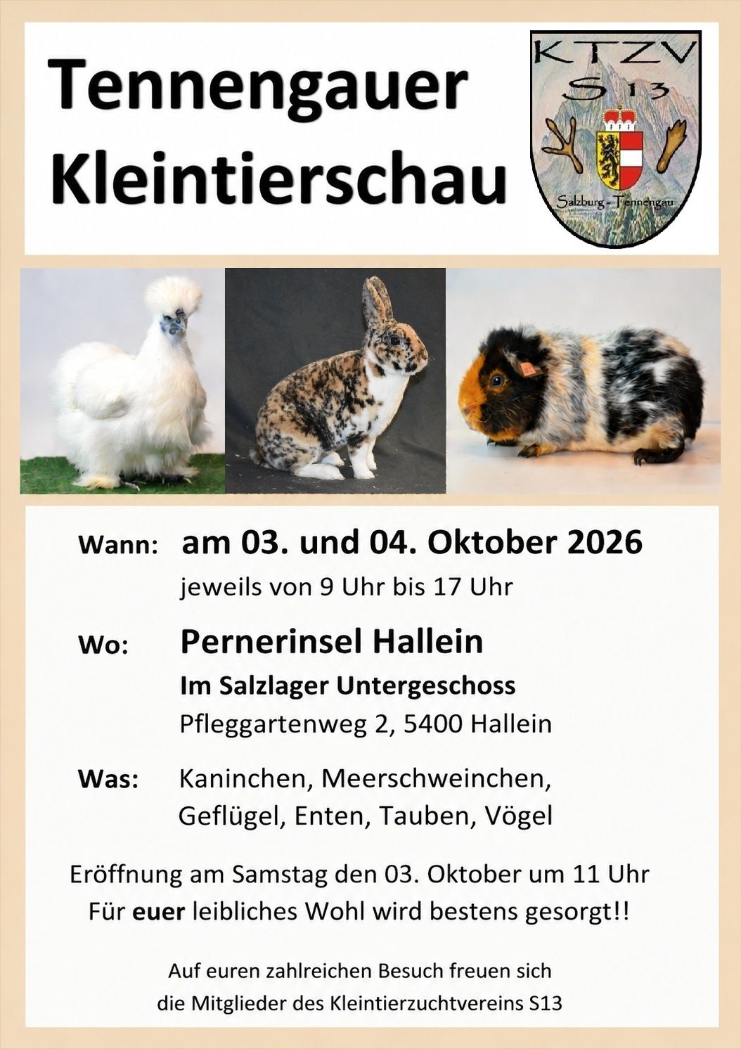 Poster for a small animal show in Hallein, Austria, featuring a white chicken, a brown rabbit, and a guinea pig. The event is scheduled for October 3 and 4, 2026, from 9 AM to 5 PM.