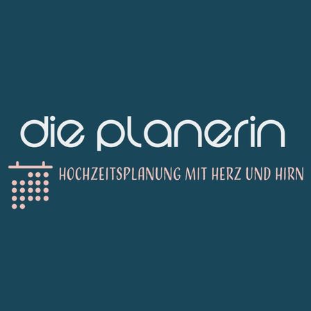 Ein blauer Hintergrund zeigt das Logo von 'die planerin' mit einem Hochzeitssymbol. Darunter steht 'Hochzeitsplanung mit Herz und Hirn'.