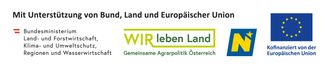 Das Bild zeigt ein Logo für 'Land und Europäische WIR leben Land', das die gemeinsame Agrarpolitik in Europa fördert. Am unteren Rand steht 'Gemeinsame Agrarpolitik Österreich'.