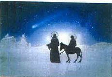 Eine Illustration von zwei in Roben gekleideten Figuren, die durch den Schnee gehen, begleitet von einem Esel, mit einem hellen Stern am Himmel.