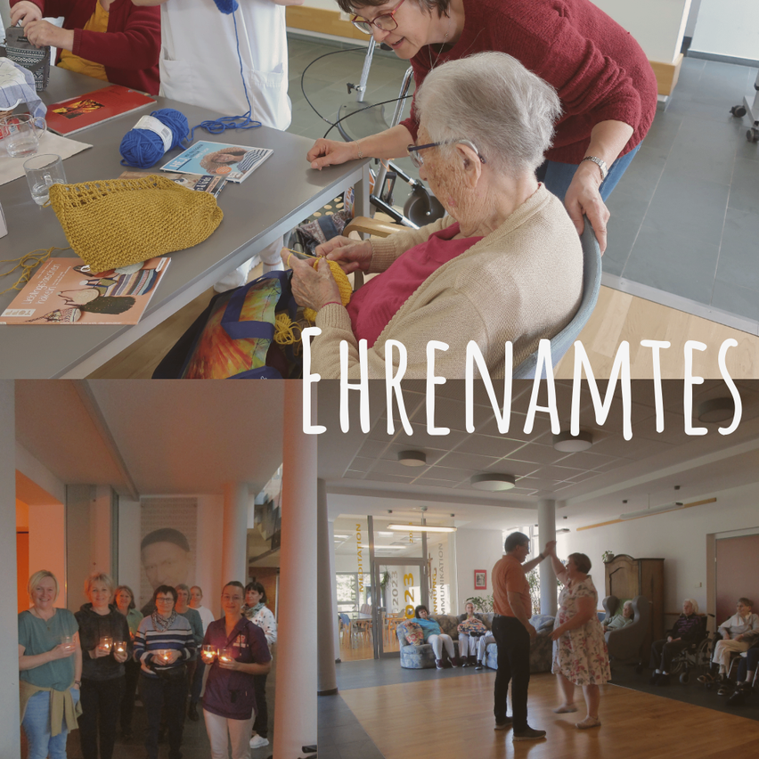Bilder von älteren Frauen beim Stricken und gemeinsam das Halten von Kerzen. Das Wort Ehrenamtes ist prominent im Bild zu sehen.