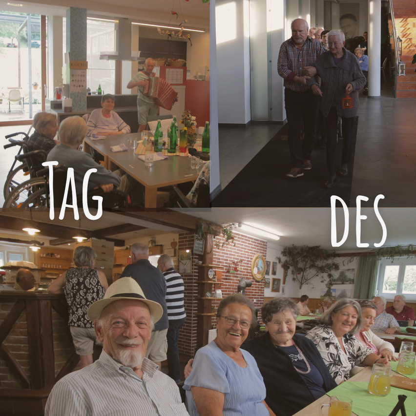 Vier Bilder von älteren Erwachsenen in einem Esszimmer, einem Flur, einem Flur mit einer Ziegelwand und einem Essbereich mit einem Mann in einem Hut.