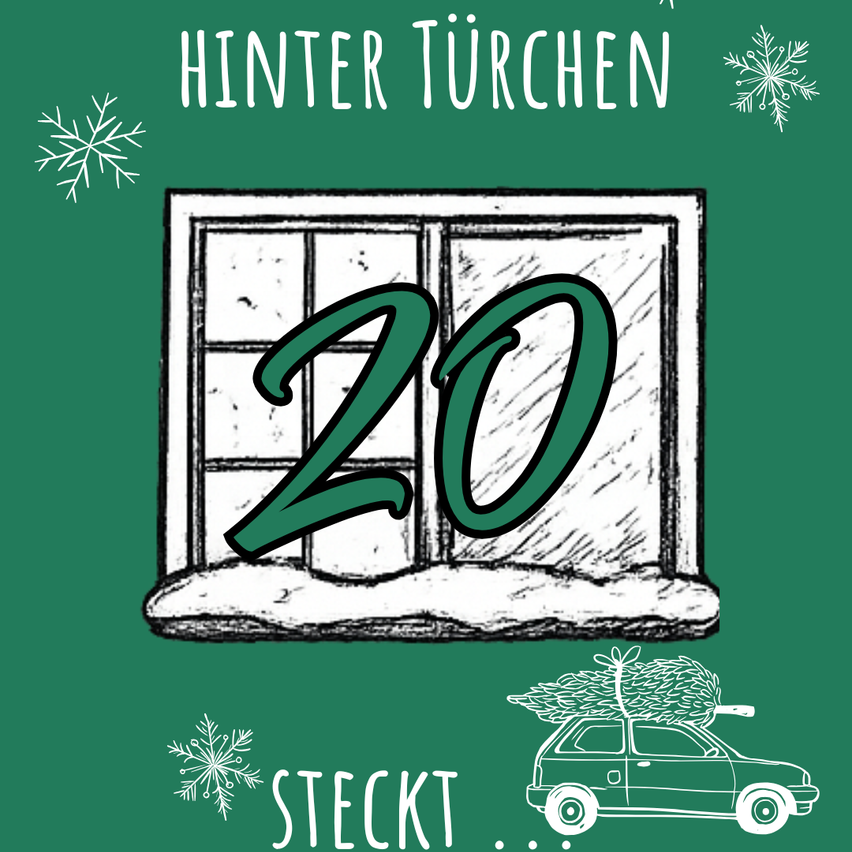 Ein grünes Plakat zeigt ein Fenster mit der Nummer 20. Unter dem Fenster befindet sich ein Auto mit einem Weihnachtsbaum auf dem Dach. Um das Plakat herum sind Schneeflocken.