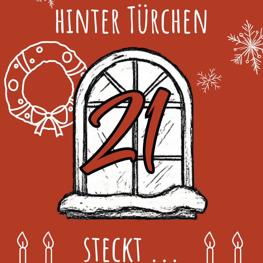 Ein festliches Bild mit einem Fenster, beschriftet mit '21', geschmückt mit Schneeflocken und einem Kranz, vor einem roten Hintergrund mit Kerzen.