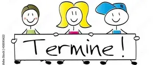 Drei Kinder halten ein Schild mit dem Wort 'Termine!' darauf und lächeln. Das Mädchen in der Mitte hat blonde Haare und ein rosa Top. Der Junge rechts trägt eine blaue Kappe. Der Junge links trägt einen grünen Hut.
