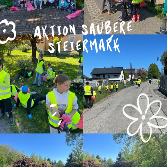 Eine Collage von Bildern, die Kinder beim Aufräumen eines Parks zeigt. Sie tragen gelbe Westen und Handschuhe. Der Text lautet 'Aktion Saubere Steiermark'.