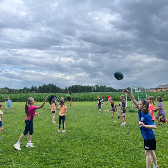 Kinder spielen mit einem Ball auf einer großen Wiese. Einige werfen, während andere zusehen. In der Ferne befinden sich Bäume und ein Haus.