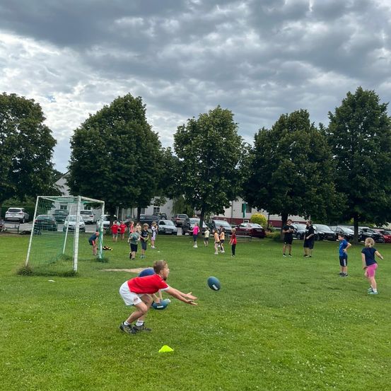Eine Gruppe von Kindern spielt ein Spiel auf einem Rasenfeld, mit einem Fußballtor im Hintergrund. Einige Kinder halten Bälle, während andere zusehen. Bäume und geparkte Autos sind im Hintergrund.