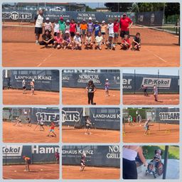 Mehrere Bilder von Kindern und Erwachsenen, die Tennis auf einem Tennisplatz spielen. Ein Bild zeigt ein Gruppenfoto. Ein weiteres Bild zeigt ein Kind im Rollstuhl.