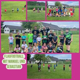 Eine Collage von Fotos, die Kinder beim Flag-Football auf einem Feld spielen zeigt, während Erwachsene beaufsichtigen. Die Fotos zeigen Kinder in Aktion, bei Aufnahmen und mit Footballs.