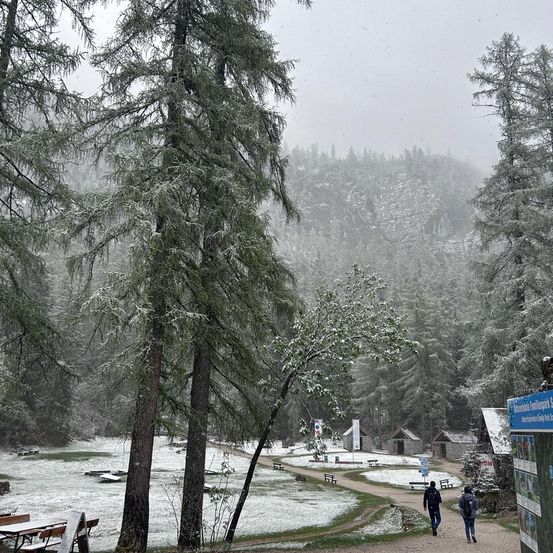 Zwei Personen gehen einen verschneiten Pfad in einem Wald entlang, umgeben von schneebedeckten Bäumen und Bergen. In der Nähe gibt es einen See und Bänke.