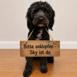 Ein schwarzer Pudel hält ein Holzschild mit der Aufschrift 'Bitte klingeln - Sky ist da.' Der Hund sitzt auf einem Holzboden.