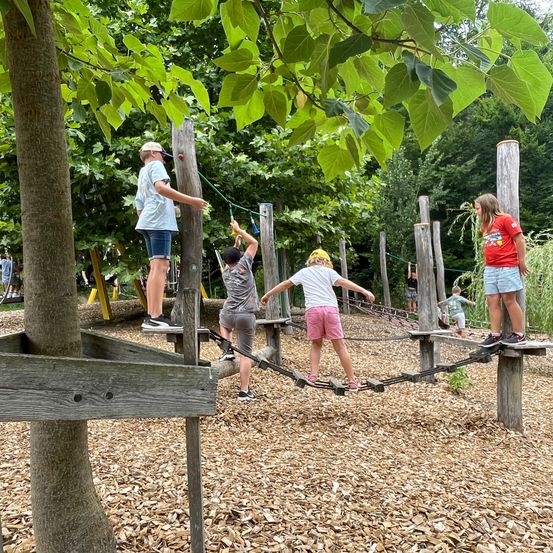 Eine Gruppe von Kindern spielt auf einem hölzernen Hindernisparcours in einem Park. Sie klettern, balancieren und navigieren durch den Parcours.